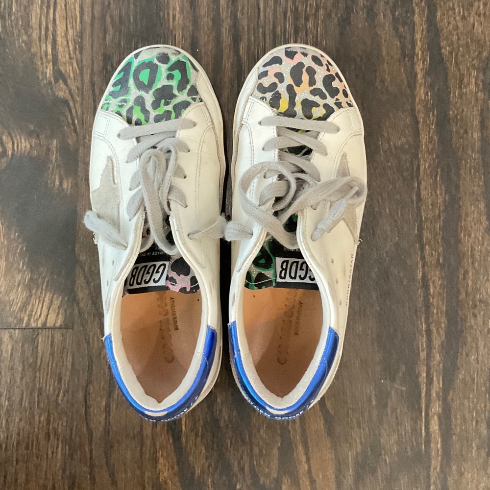 Golden Goose Kids White Sneakers with Multicolor Leopard Toe and Blue Heel